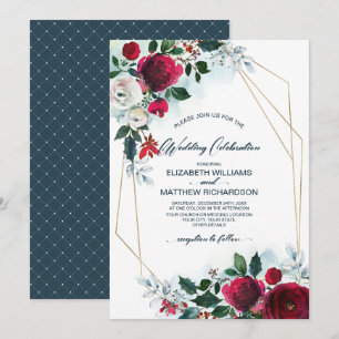 Dusty Blue   Burgundy Red Bloom Winter Wedding Einladung