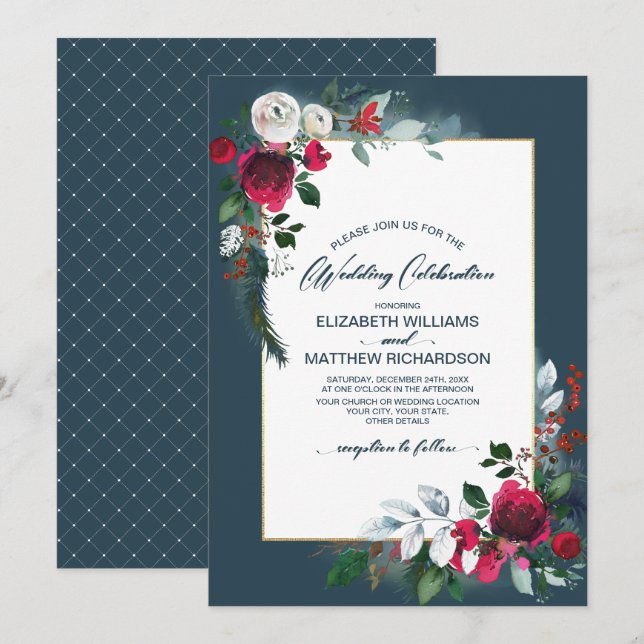 Dusty Blue | Burgundy Red Bloom Winter Wedding Einladung (Vorne/Hinten)