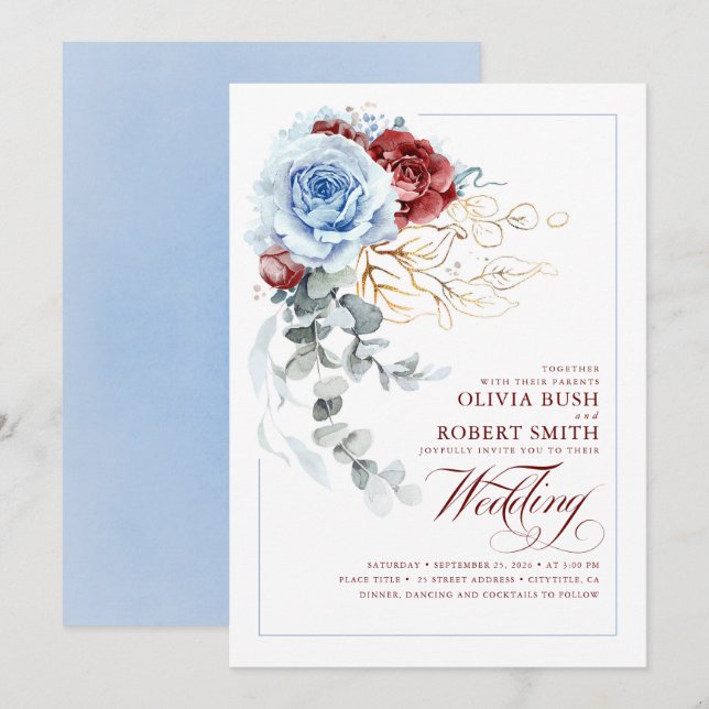 Dusty Blue & Burgundy Red Boho Floral Wedding Einladung (Vorne/Hinten)