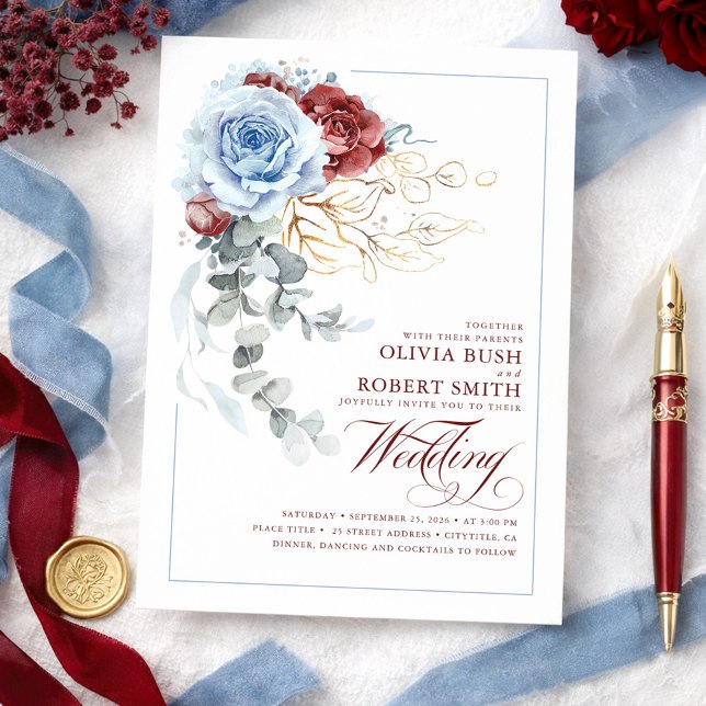Dusty Blue & Burgundy Red Boho Floral Wedding Einladung (Dusty Blue and Burgundy Red Botanical Floral Chic Wedding Invitations)