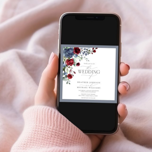 Dusty Blue Burgundy Red Floral Watercolor Script Einladung (Von Creator hochgeladen)