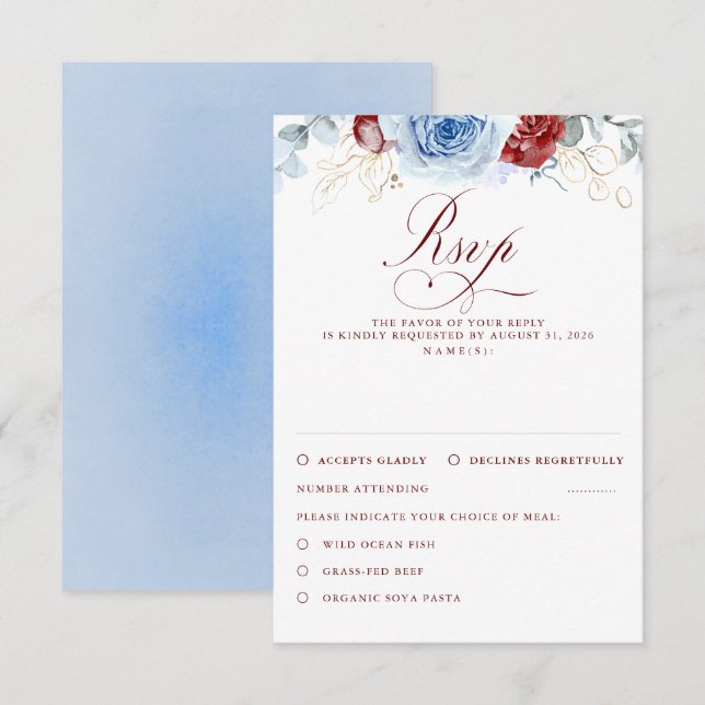 Dusty Blue Burgundy Red Flowers Wedding RSVP (Vorne/Hinten)