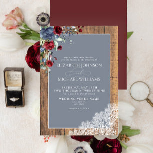 Dusty Blue Burgundy Wood Lace Script Wedding Einladung