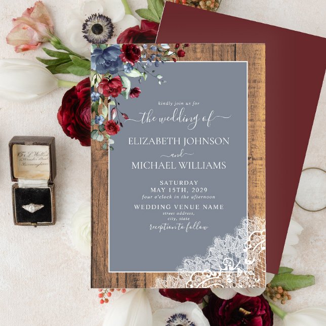 Dusty Blue Burgundy Wood Lace Script Wedding Einladung (Von Creator hochgeladen)