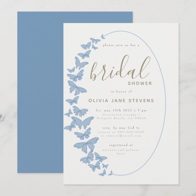 Dusty Blue Butterfly Boho Frame Brautparty Einladung (Vorne/Hinten)