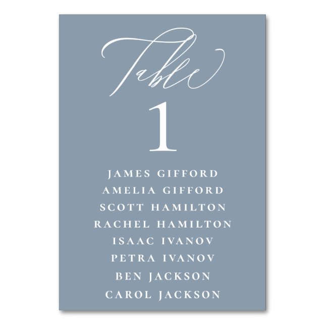 Dusty Blue Calligraphy Seating Chart Tischnummer (Vorderseite)