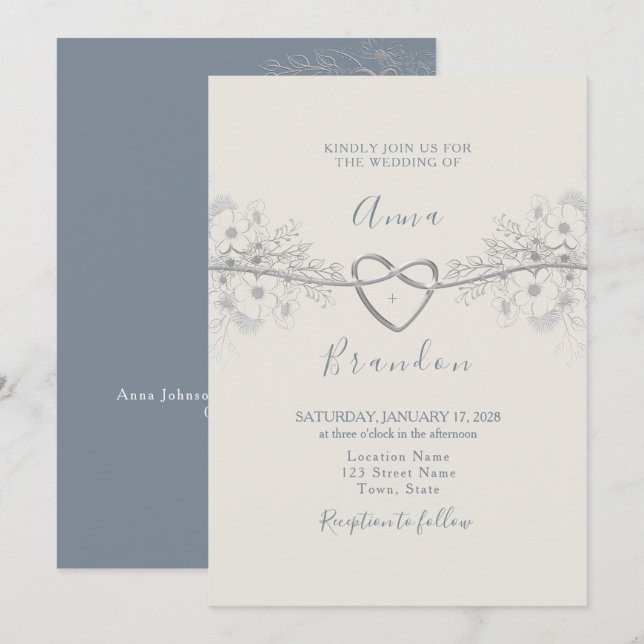 Dusty Blue Calligraphy Wedding Einladung (Vorne/Hinten)