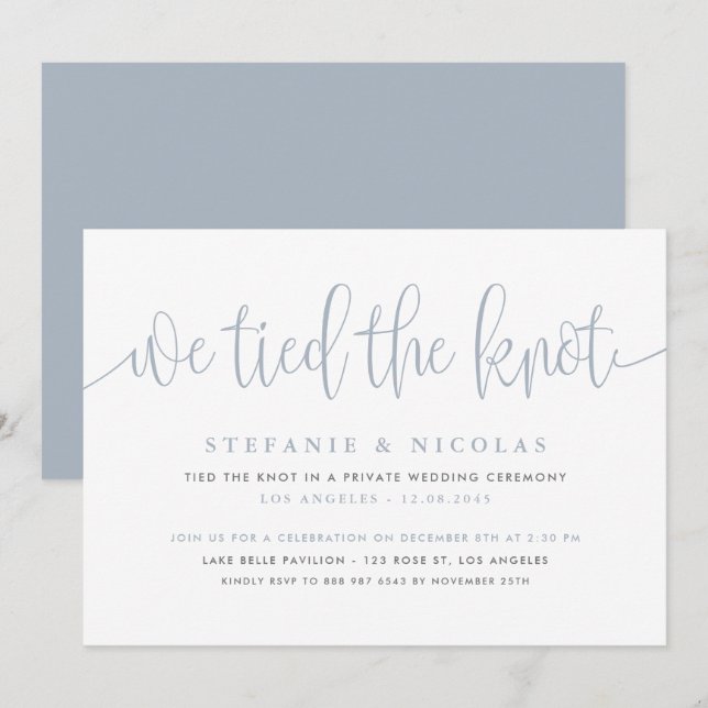 Dusty Blue Calligraphy Wir tippten die KNOD-Hochze Einladung (Vorne/Hinten)