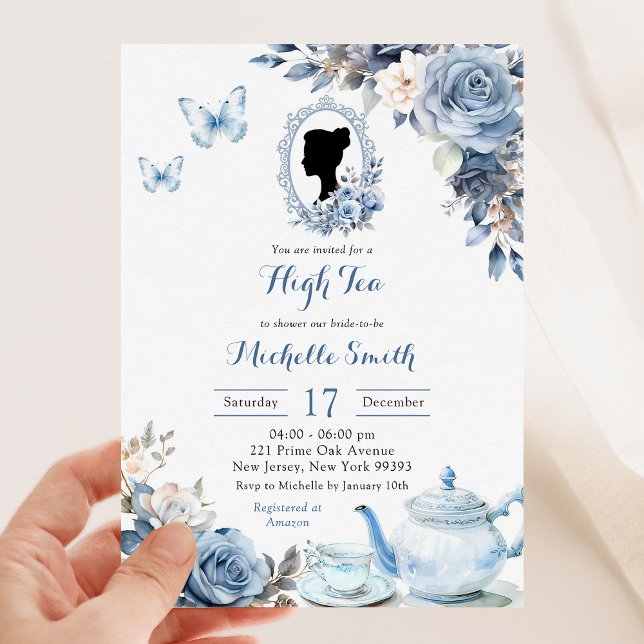 Dusty Blue Cameo Anglais Afternoon Tea Invitation (Créateur téléchargé)