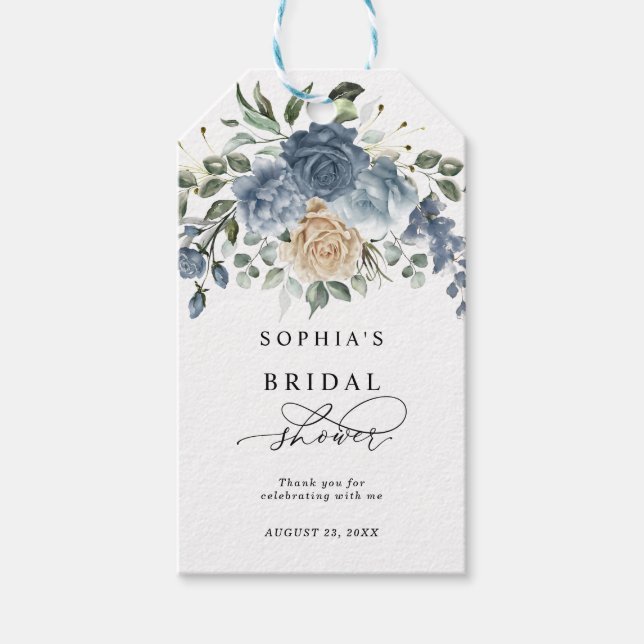 Dusty Blue & Champagne Floral Bridal Shower Geschenkanhänger (Vorderseite)