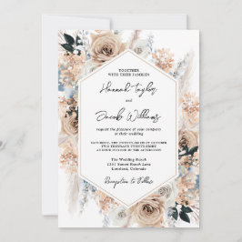 Dusty Blue Champagne Floral Wedding QR Code UAWG Einladung