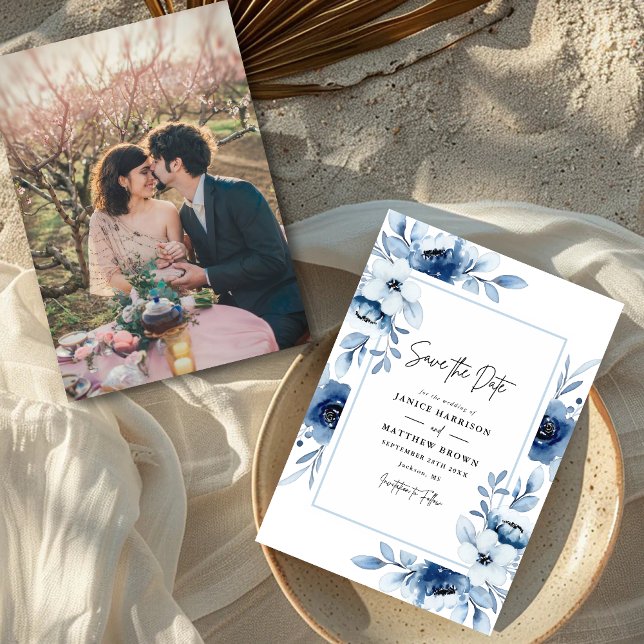 Dusty Blue Champagne Ivory Floral Foto Wedding Save The Date (Von Creator hochgeladen)