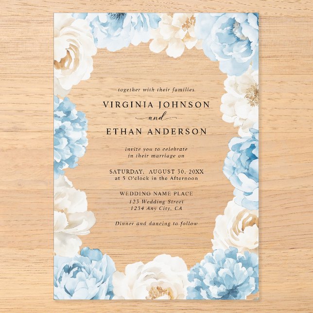 Dusty Blue Champagne Ivory Peonies Floral Wedding Acryleinladungen (Vorderseite)