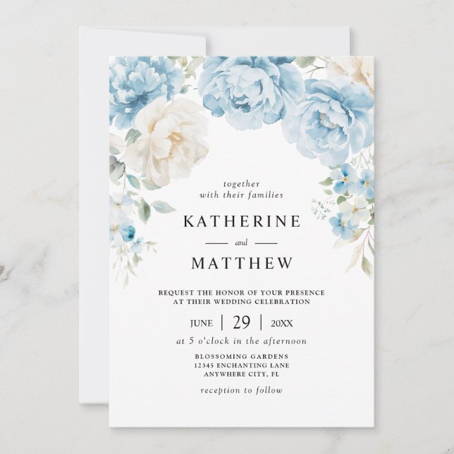 Dusty Blue Champagne Ivory Peonies Floral Wedding Einladung (Vorderseite)
