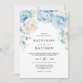 Dusty Blue Champagne Ivory Peonies Floral Wedding Einladung