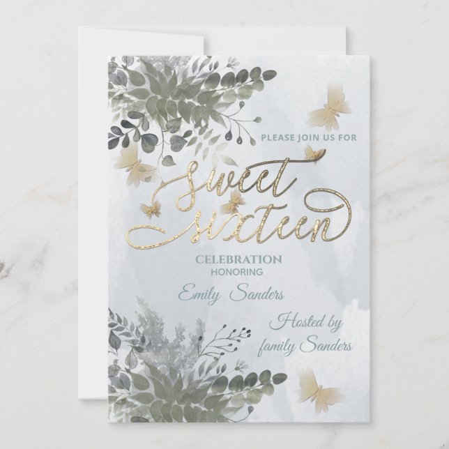 Dusty Blue Chic Aquarell Eukalyptus in Einladung (Vorderseite)