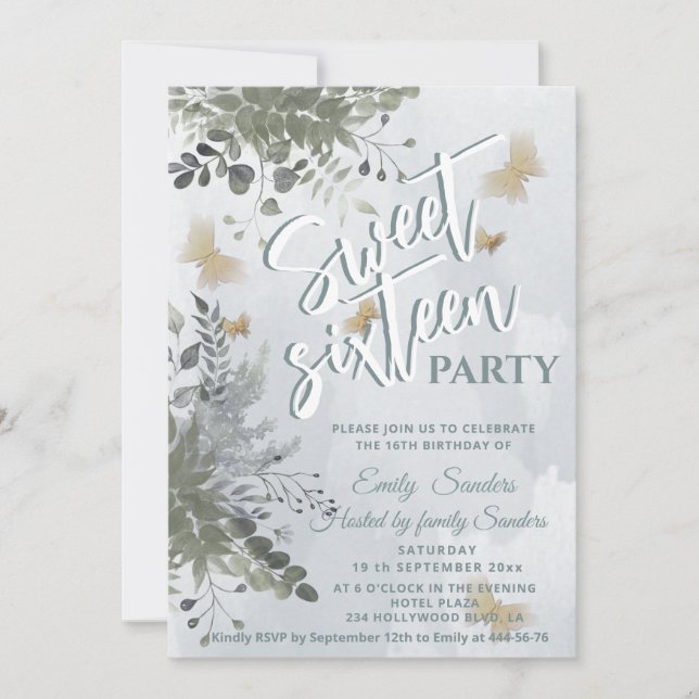 Dusty blue Chic Aquarellgrün Eukalyptus Einladung (Vorderseite)