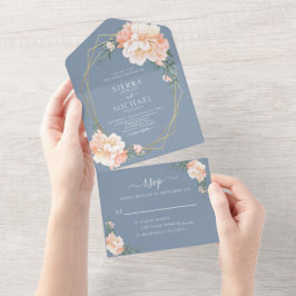 Dusty Blue Chic Blush Gold Peach Floral Wedding All In One Einladung