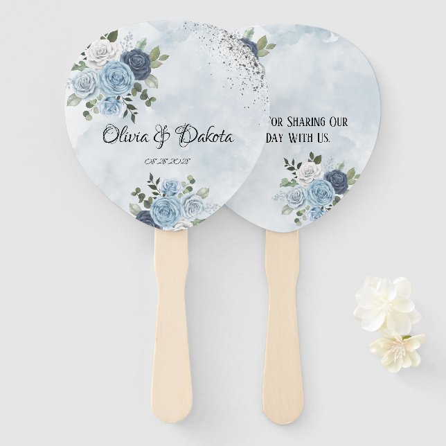 Dusty Blue Chic Watercolor Rustic Florals Wedding Fächer (Vorne und Hinten)