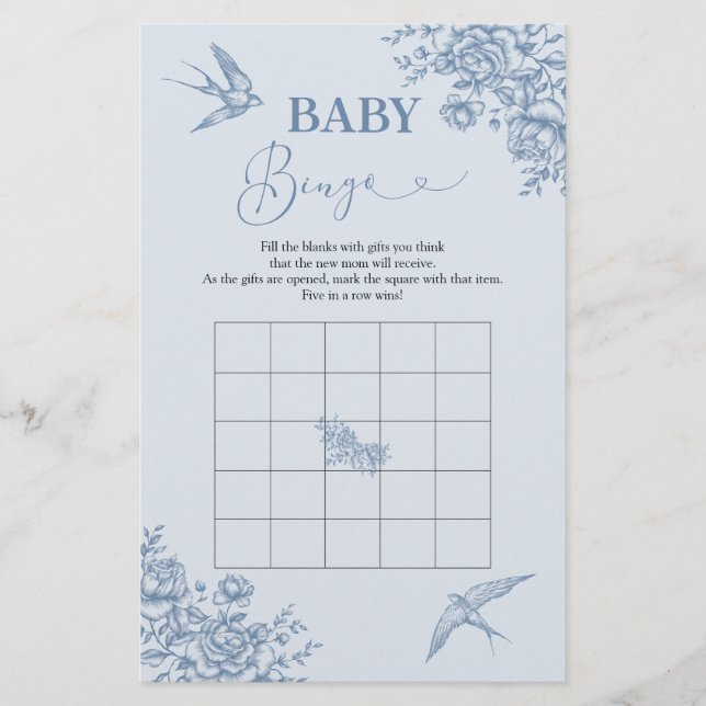 Dusty Blue Chinoiserie Baby Shower Baby Bingo (Vorderseite)