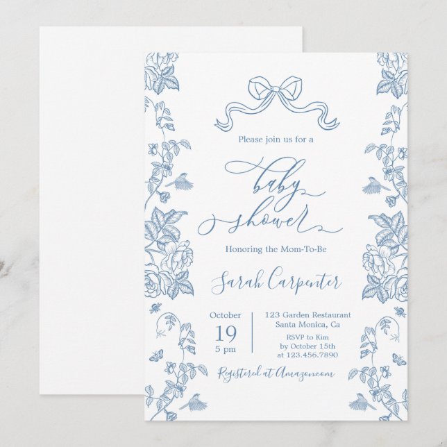 Dusty Blue Chinoiserie Baby Shower Boy Einladung (Vorne/Hinten)