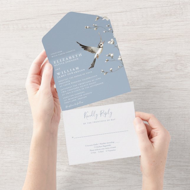 Dusty Blue Chinoiserie Blumengarten Hochzeit All In One Einladung (Abreißen)