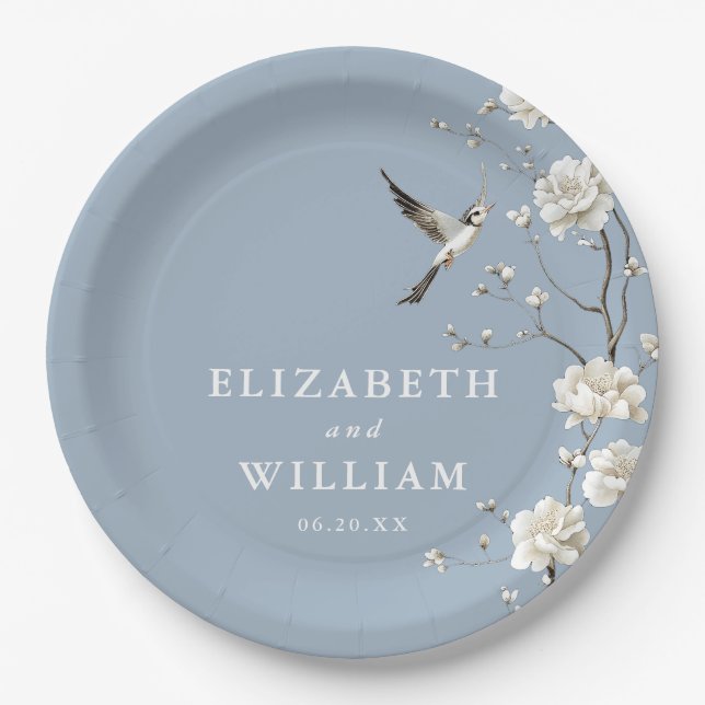 Dusty Blue Chinoiserie Blumengarten Hochzeit Pappteller (Vorderseite)