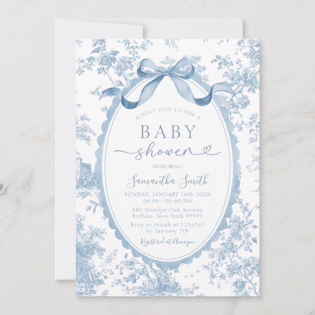 Dusty Blue Chinoiserie Bow Toile Girl Baby Shower Einladung (Vorderseite)