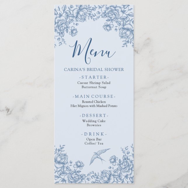 Dusty Blue Chinoiserie Brautparty Menu Menükarte (Vorderseite)