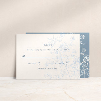 Dusty Blue Chinoiserie Floral Wedding RSVP Card Karte