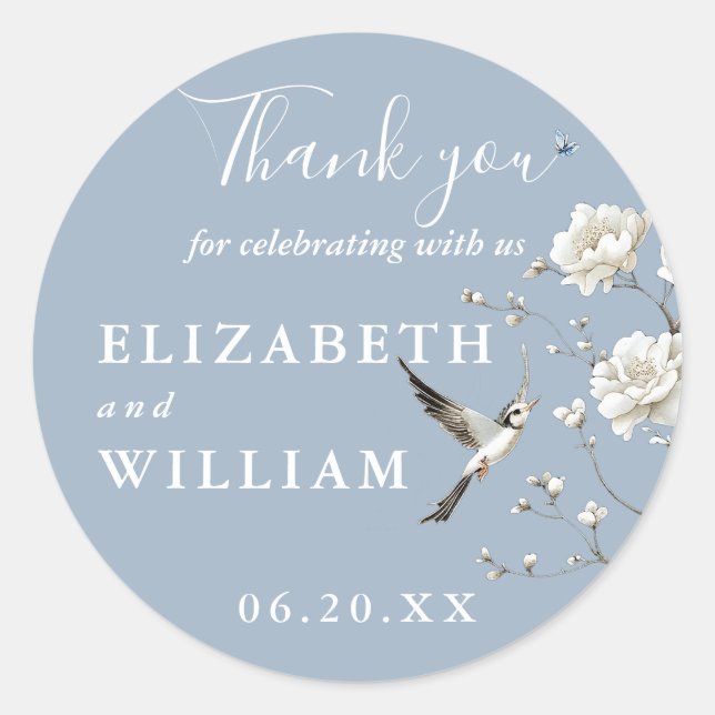 Dusty Blue Chinoiserie Floral Wedding Vielen Dank Runder Aufkleber (Vorderseite)