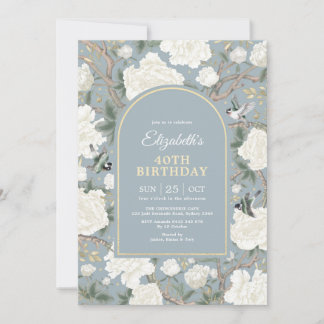 Dusty Blue Chinoiserie Floral Women 40. Geburtstag Einladung