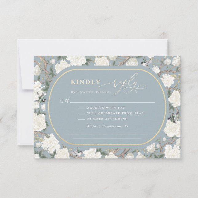Dusty Blue Chinoiserie Ivory Blume Wedding RSVP Karte (Vorderseite)