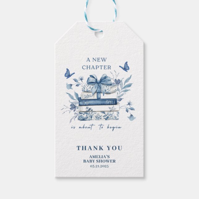 Dusty Blue Chinoiserie New chapter Baby Shower Geschenkanhänger (Vorderseite)
