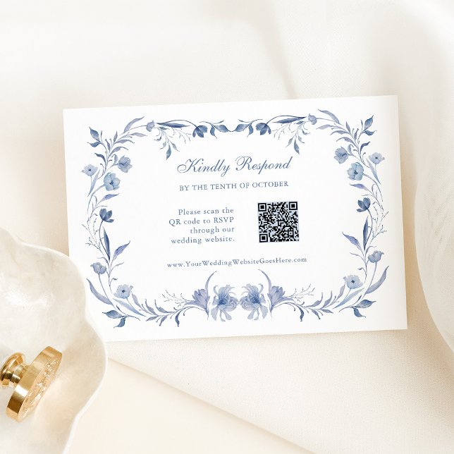 Dusty Blue Chinoiserie | QR Code Hochzeit RSVP Karte (Von Creator hochgeladen)