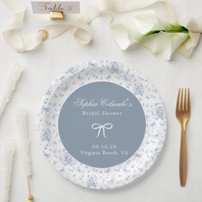 Dusty Blue Chinoiserie Teddy Bear Bows Baby Shower Pappteller (Hochzeit)