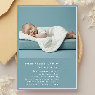 Dusty Blue Christening Foto Baby Boy Taufe Einladung