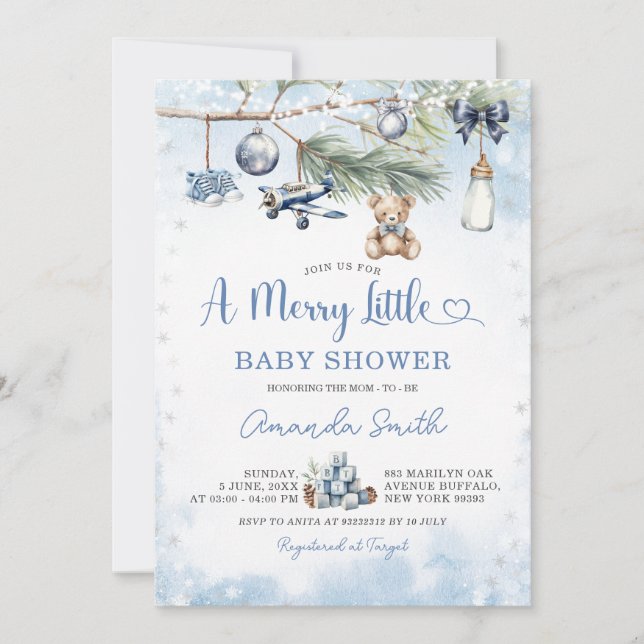 Dusty Blue Christmas eine lustige kleine Babydusch Einladung (Vorderseite)