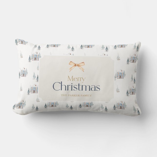 Dusty Blue Christmas House Watercolor Lendenkissen (Vorderseite)