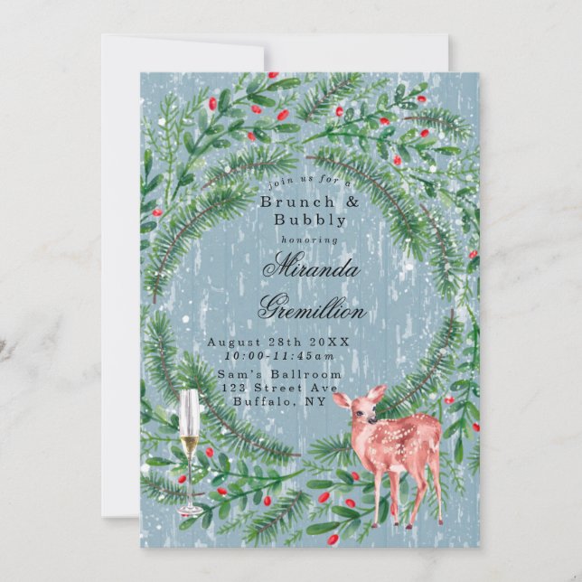 Dusty Blue Christmas Wood Deer Brunch und Bubbly Einladung (Vorderseite)