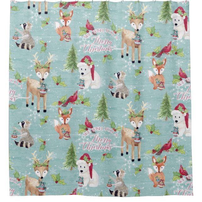 Dusty Blue Christmas Woodland Animals Deer Bär Duschvorhang (Vorderseite)