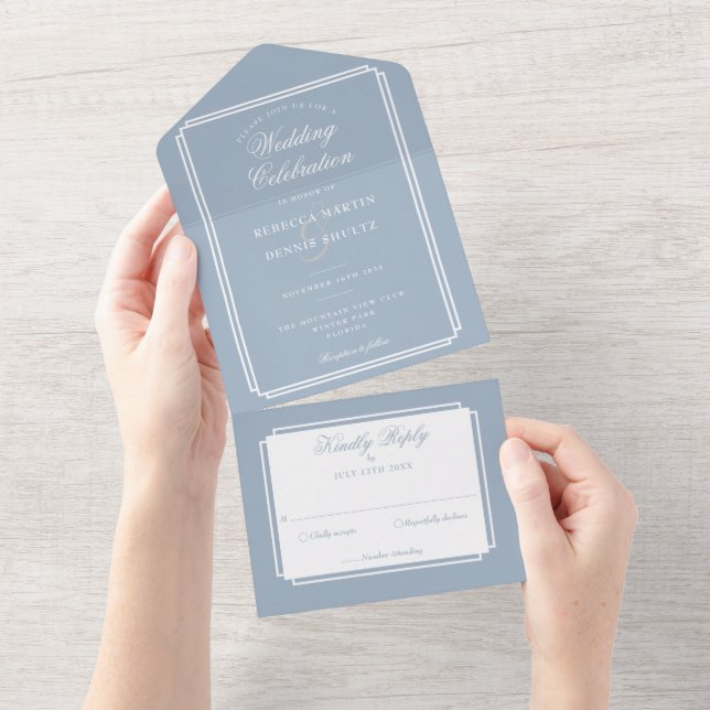 Dusty Blue Classic Deko Monogram Wedding All In One Einladung (Abreißen)