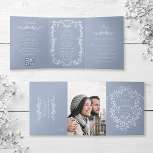 Dusty Blue Classic Viktorianisch Floral Wedding Dreifach Gefaltete Einladung
