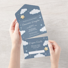 Dusty Blue Clouds Hello Baby Shower All In One Einladung