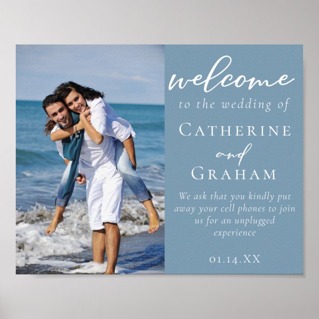 Dusty Blue Coastal Couple Foto Hochzeit Begrüßung Poster (Vorne)