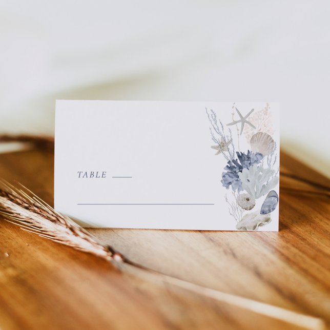 Dusty Blue Coastal Shell Wedding Place Card Side Platzkarte (Dusty blue coastal shell wedding place card tent mockup with seashells and starfish)