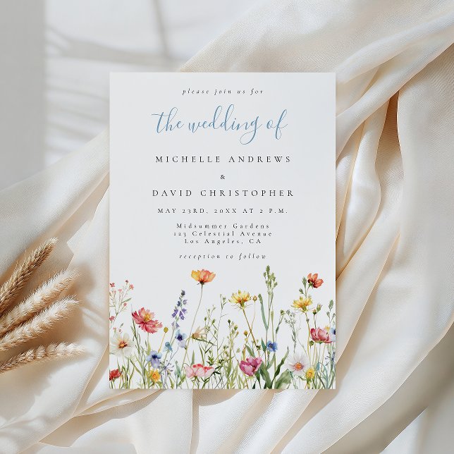 Dusty Blue Colorful Rustic Wildflower Wedding Einladung (Von Creator hochgeladen)