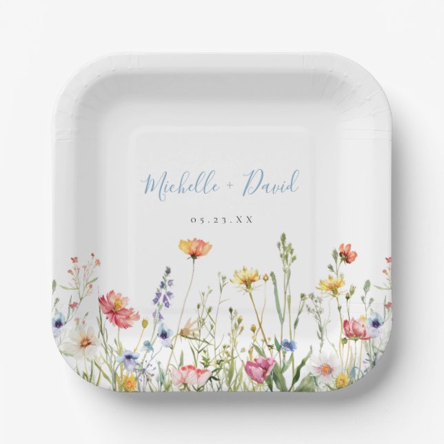 Dusty Blue Colorful Rustic Wildflower Wedding Pappteller (Vorderseite)