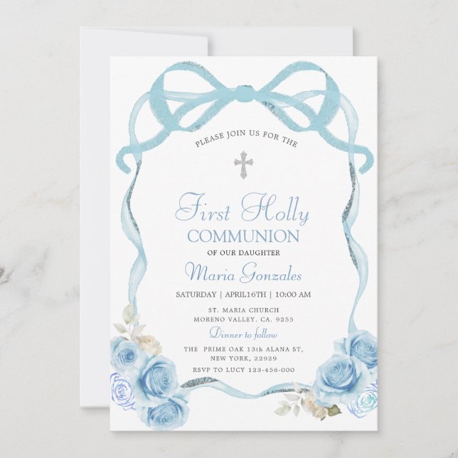 Dusty Blue Coquett Ribbon First Holy Communion Einladung (Vorderseite)
