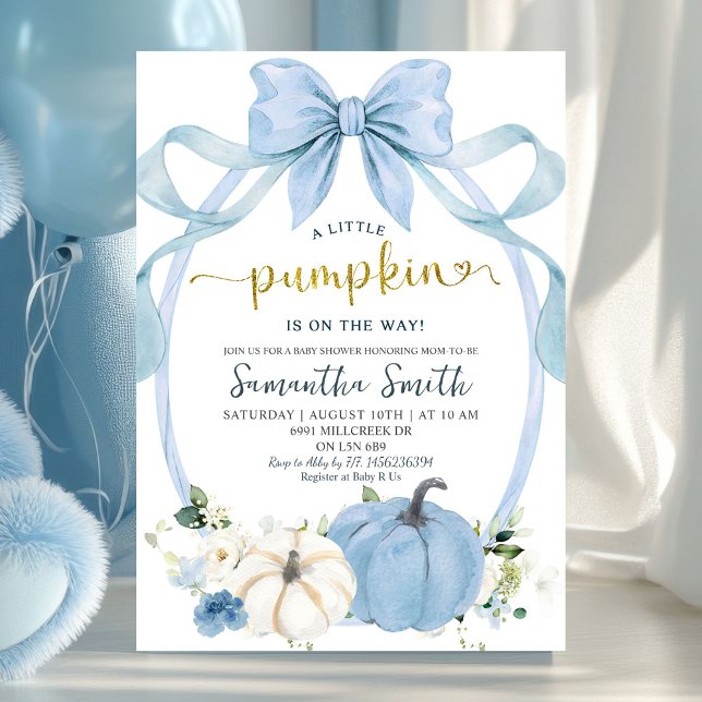 Dusty Blue Coquette Autumn Pumpkin Baby Shower Einladung (Von Creator hochgeladen)